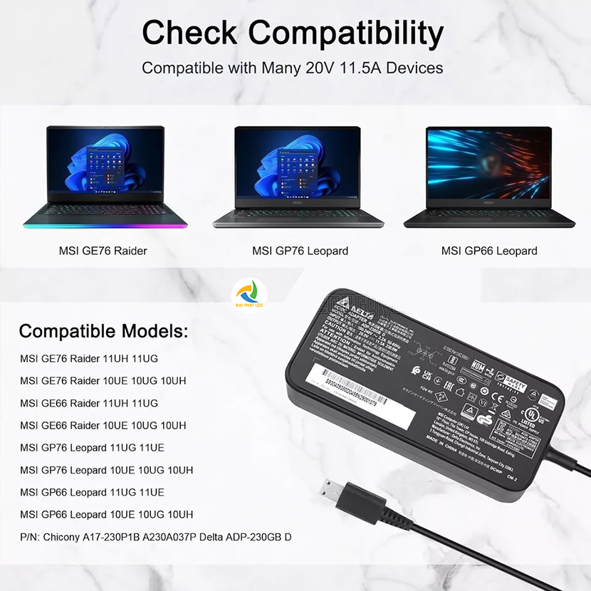 Sạc Adapter Laptop MSI 20V 11.5A 230W Đầu USB Chính hãng