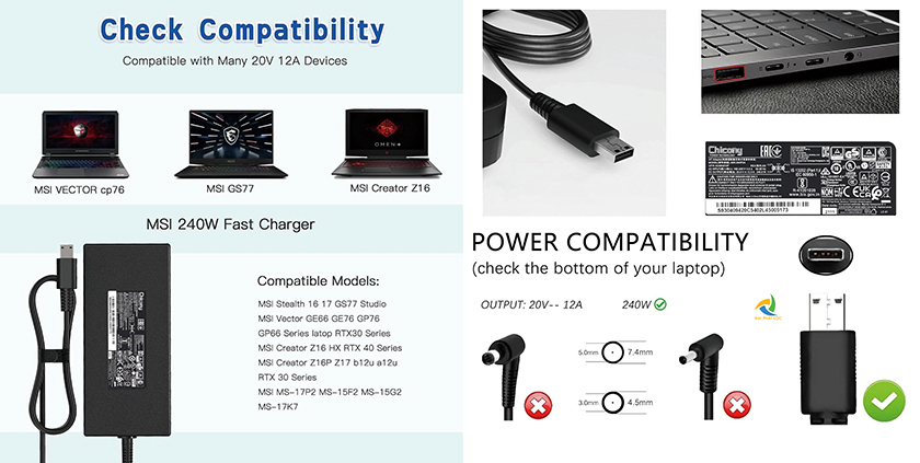Sạc Adapter Laptop MSI 20V 12A 240W Đầu Cắm USB Pin Chính hãng